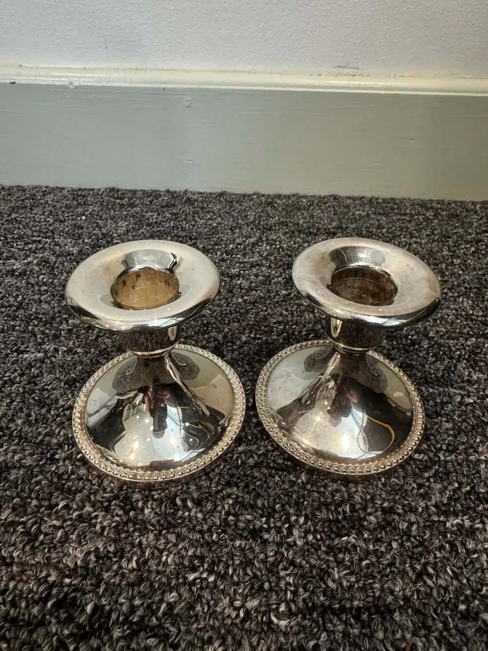Set of 6 Vintage Silver-Plated Candlestick Holders with Beaded Trim